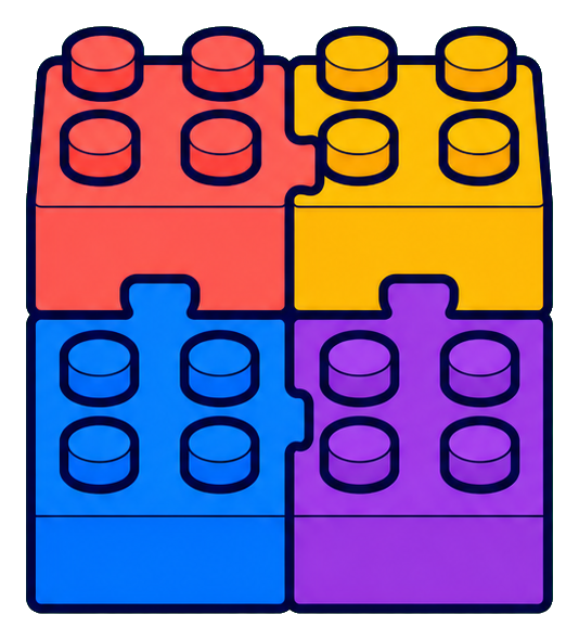 Four colorful connected building blocks arranged in a square with outlined studs.