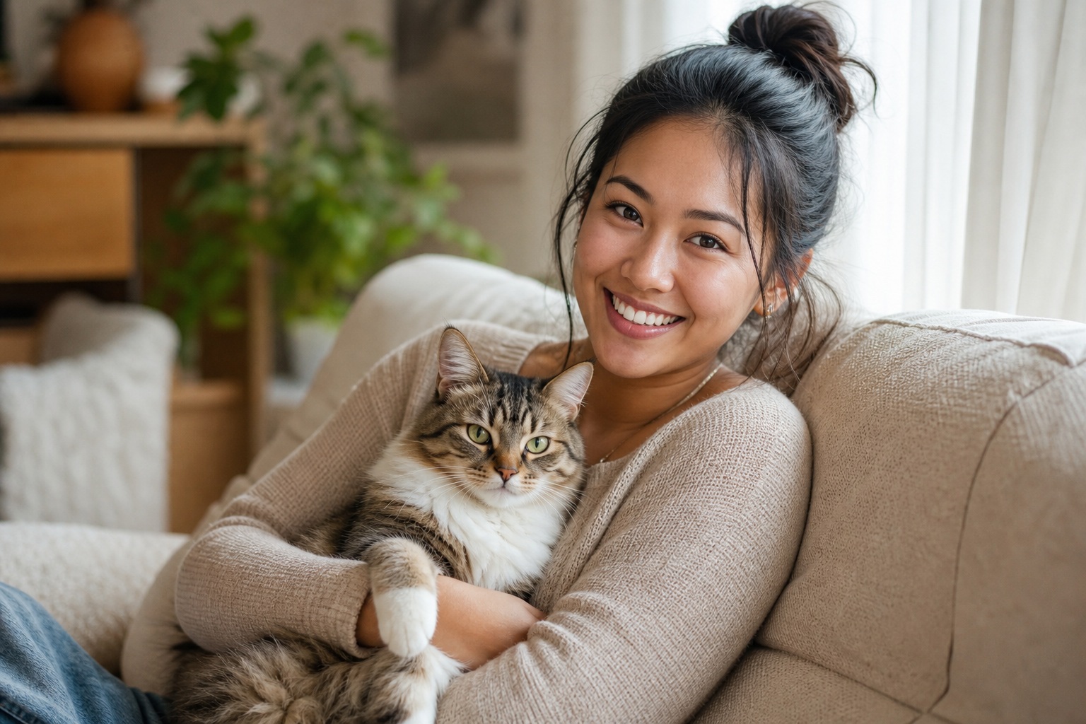 Smiling woman holding a tabby cat on a couch in a cozy living room