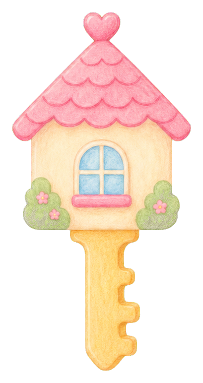 Cute pink house-shaped key with a heart roof and small flower bushes.