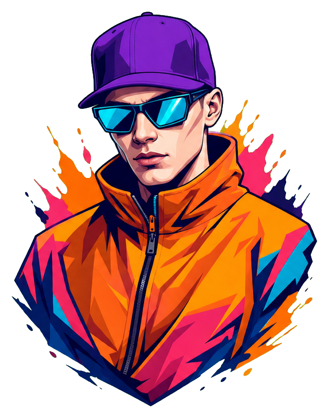 Colorful illustrated DJ portrait wearing a violet cap and sunglasses with an orange jacket