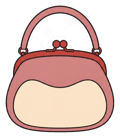 Minimal illustrated purse with a curved handle and cream front panel.