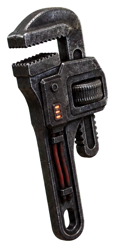 Dark futuristic industrial wrench with mechanical details and cable accents