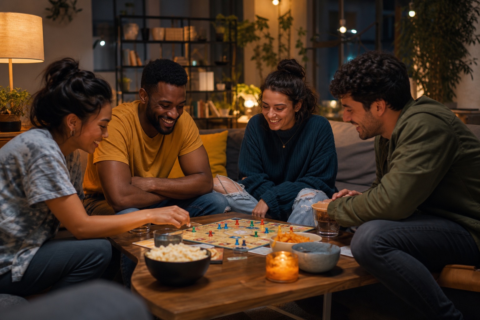 Four friends sitting around a table playing a board game in a cozy living room.