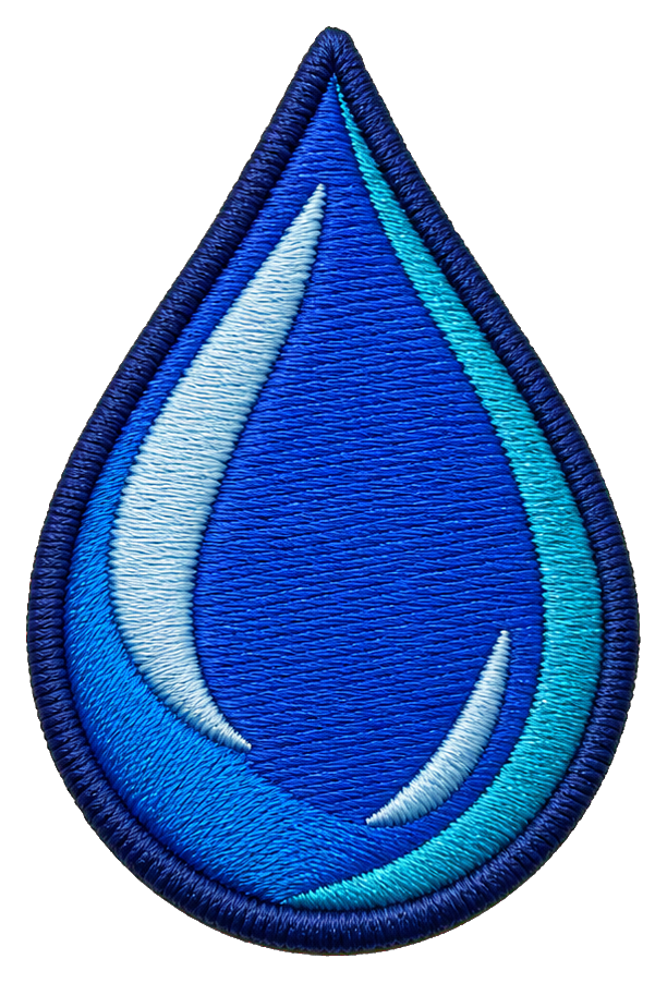 Blue embroidered water droplet patch with a glossy curved highlight
