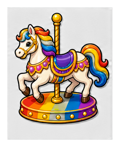 Colorful carousel horse with rainbow mane and tail on a decorative round platform