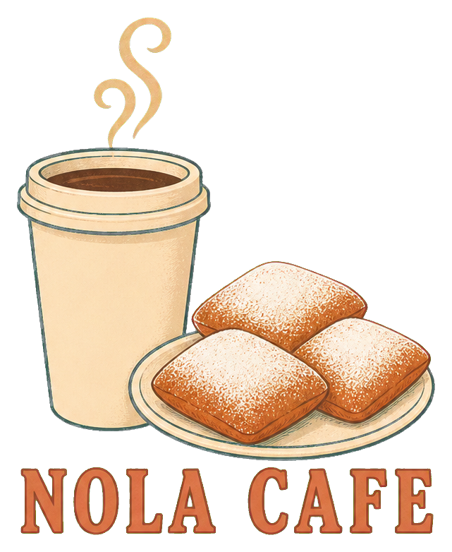 Illustrated NOLA Cafe text with a steaming coffee cup and powdered beignets