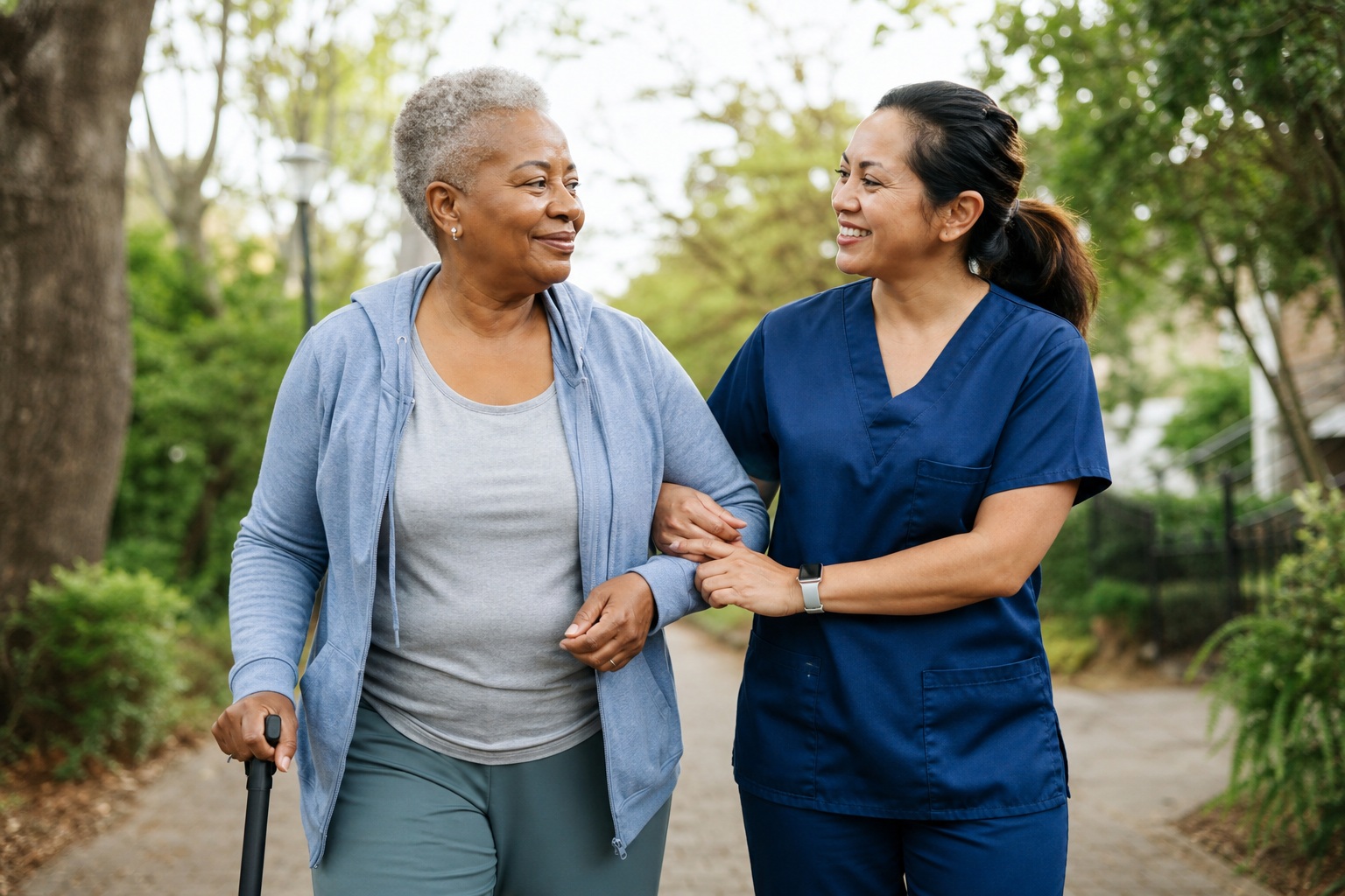 Elderly woman walking outdoors with a caregiver holding her arm.