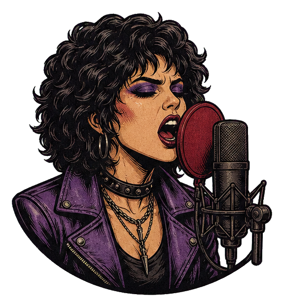 Curly-haired vocalist singing into a microphone with a pop filter