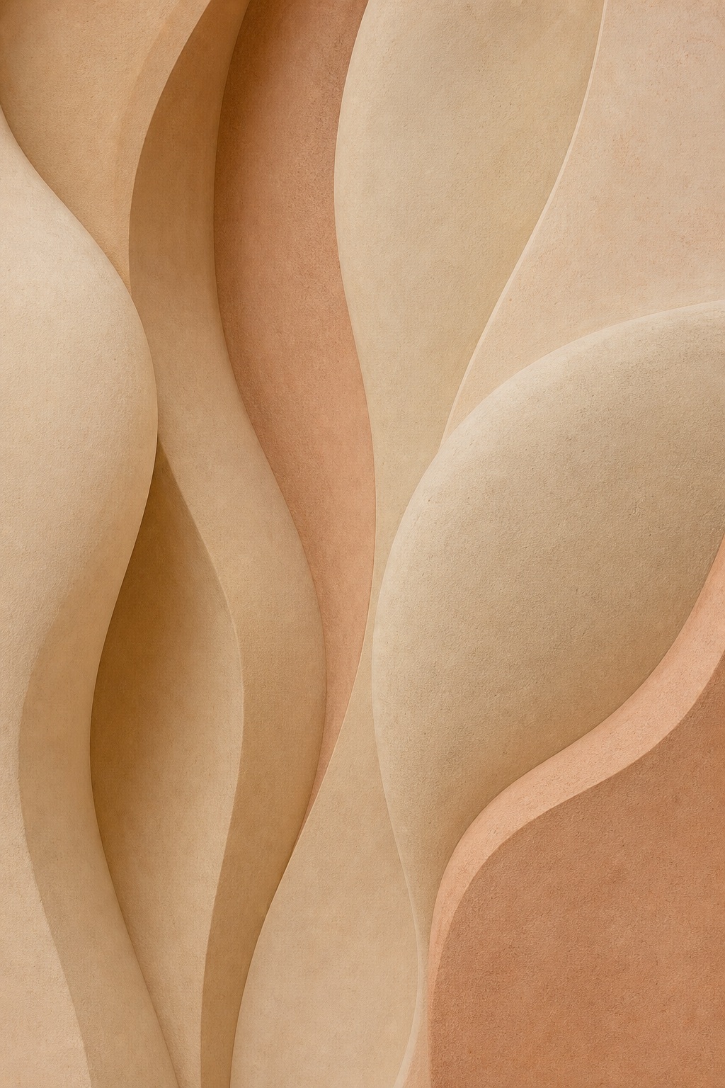 Soft matte clay abstract shapes with layered curves in neutral beige and sandstone tones.