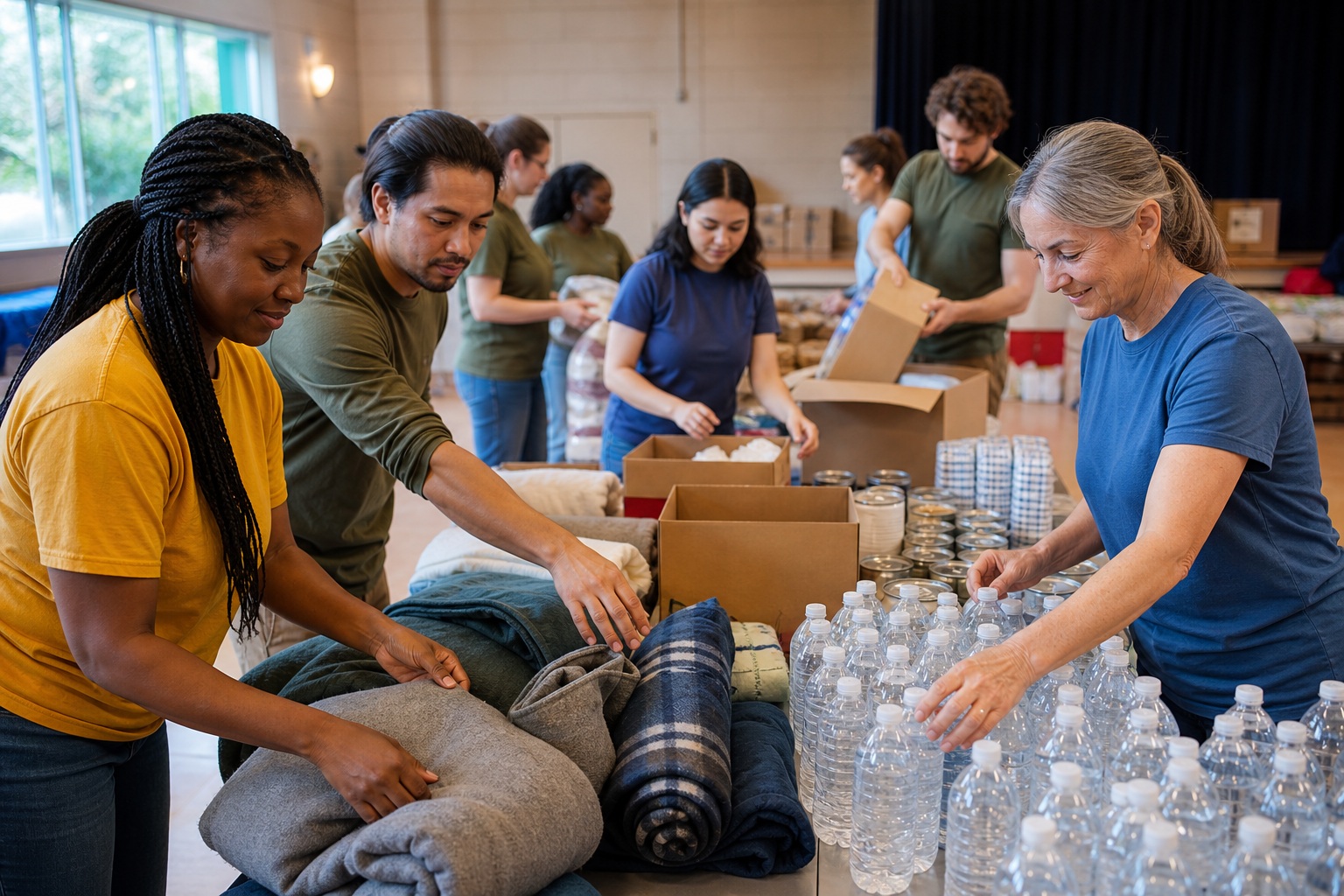Volunteers sorting bottled water and supplies at a community hall table.