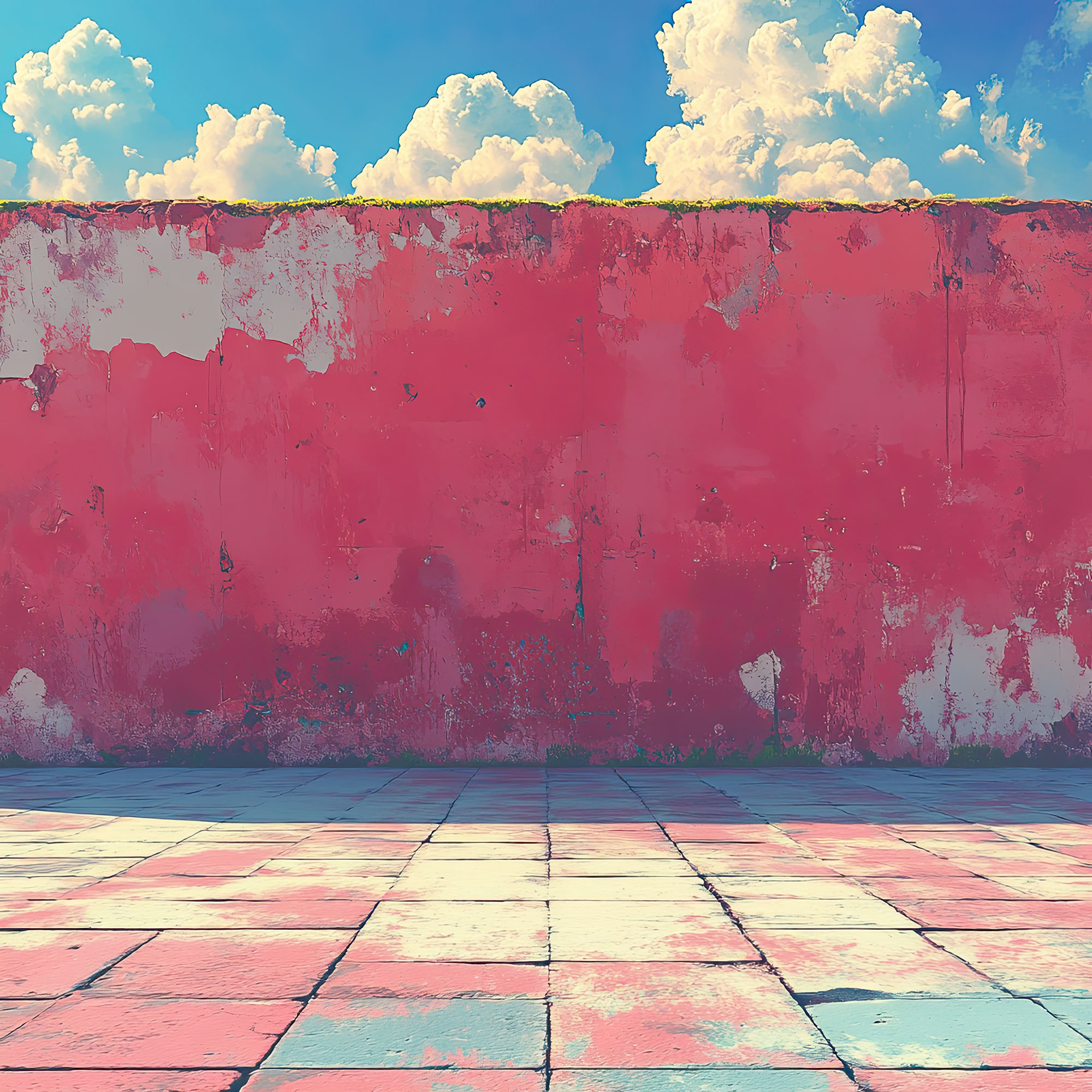 Preview for Red-wall-blue-sky-checkered-floor-whimsical-backdrop-background-deee6