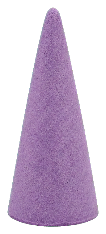A lavender-colored incense cone with a tapered shape and textured surface.