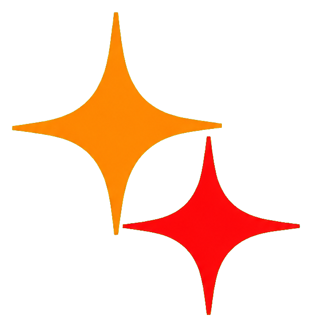 Two simple sparkle shapes in yellow and red on a transparent background