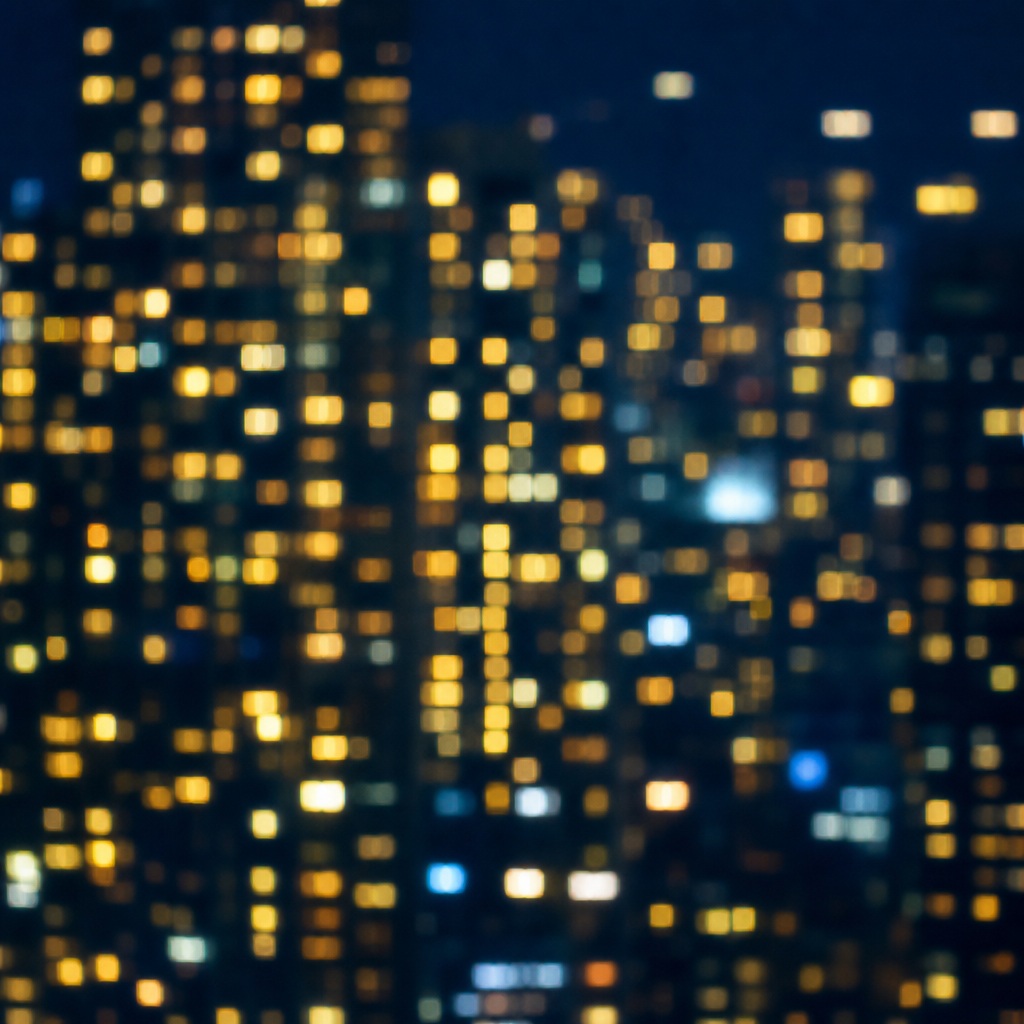 Abstract night skyline with blurred yellow and blue city lights on a dark background