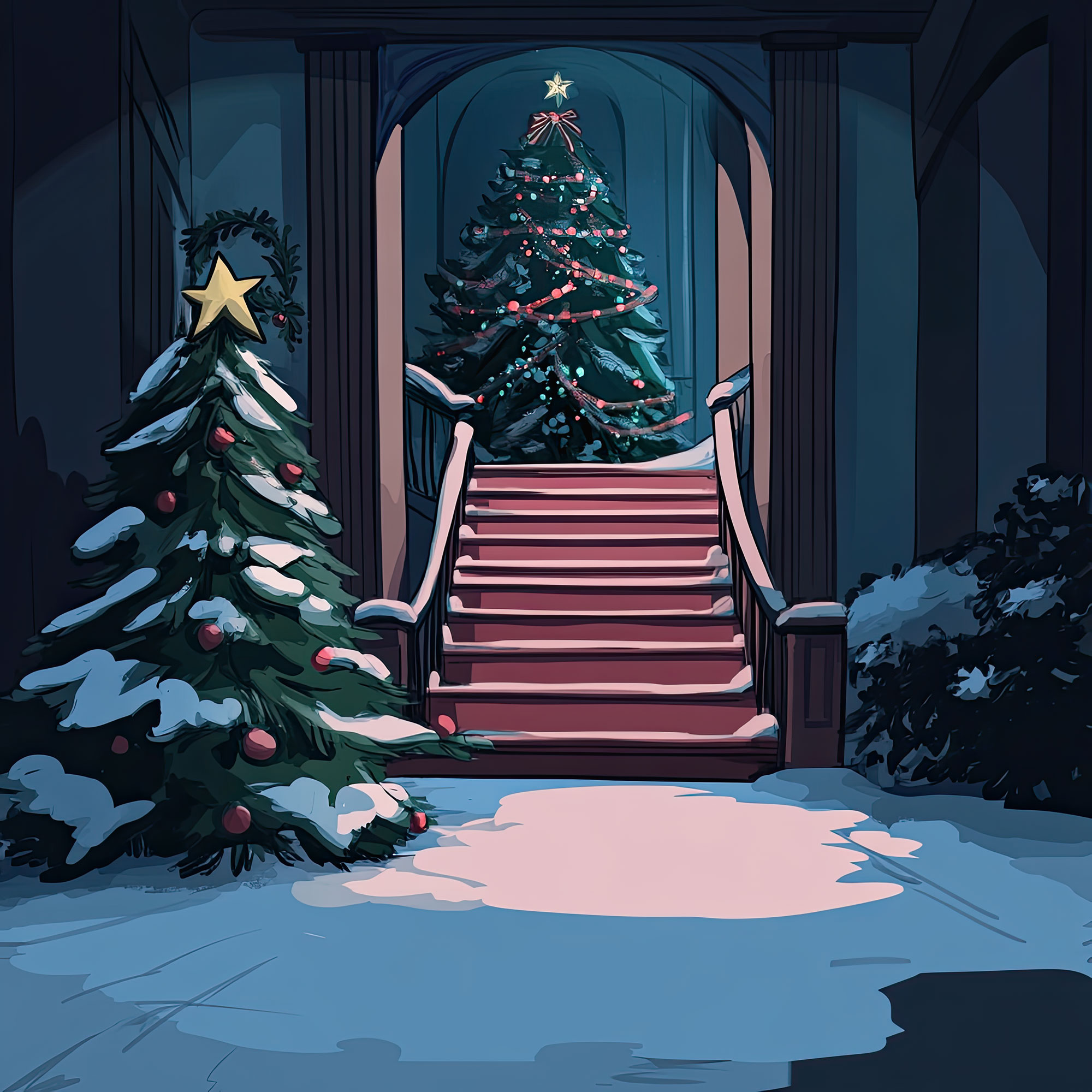 Preview for Christmas-trees-by-grand-staircase-christmas-backdrop-background-b20bd