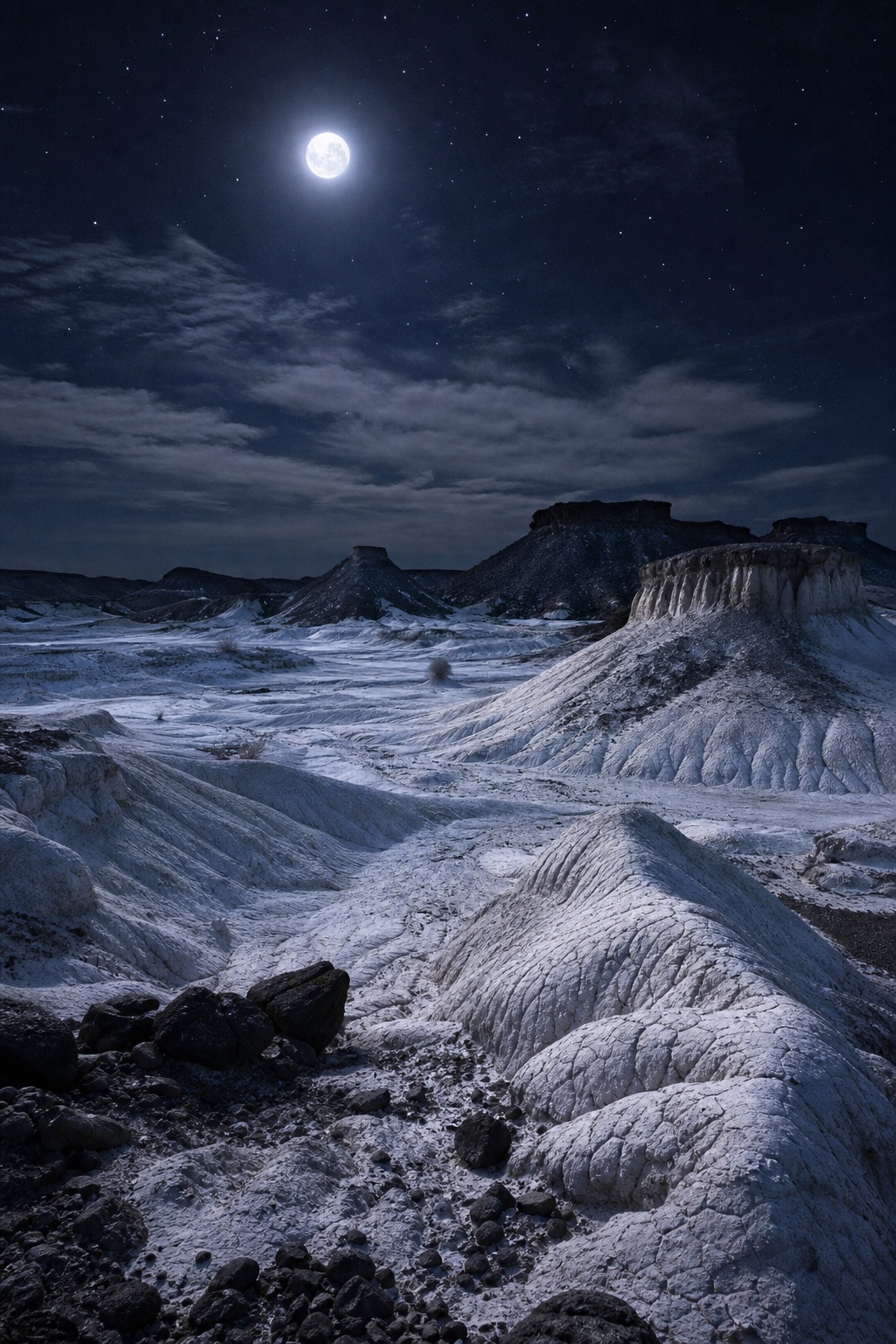 Moonlit gypsum basin with rippled white desert hills and a bright night sky