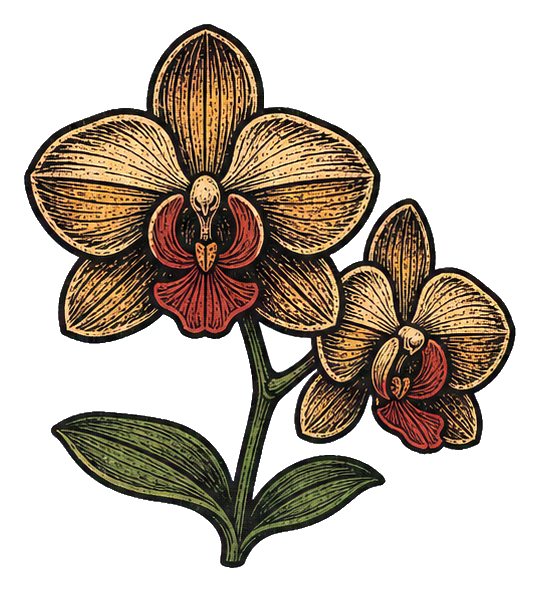 Two-bloom carved woodblock orchid spray with green leaves and red centers.