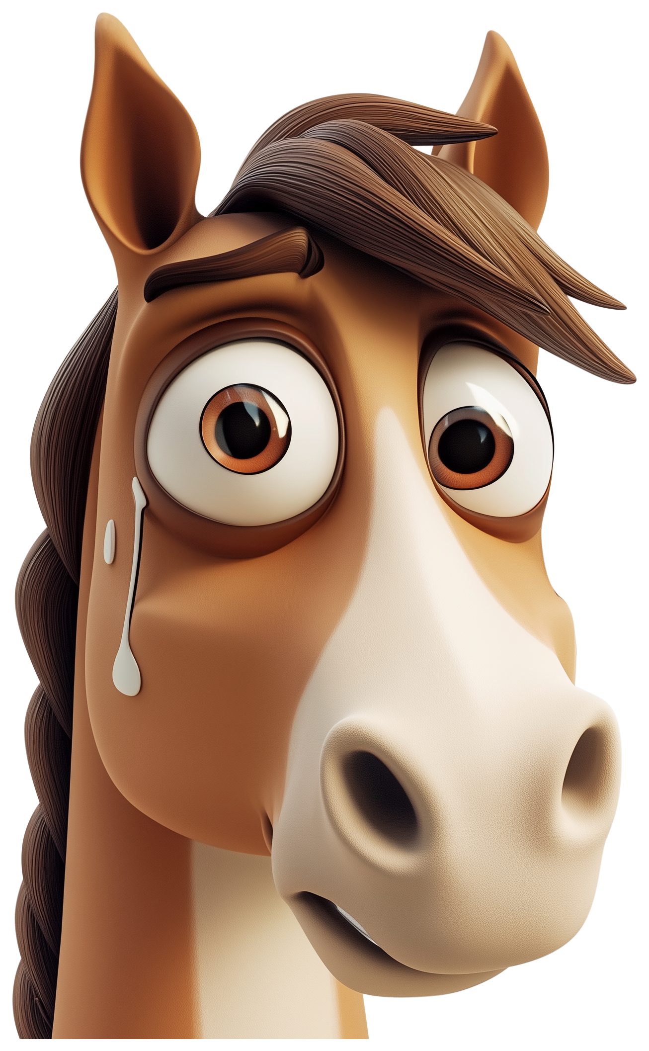 A 3D cartoon horse face sticker with big eyes and a teardrop on one cheek.