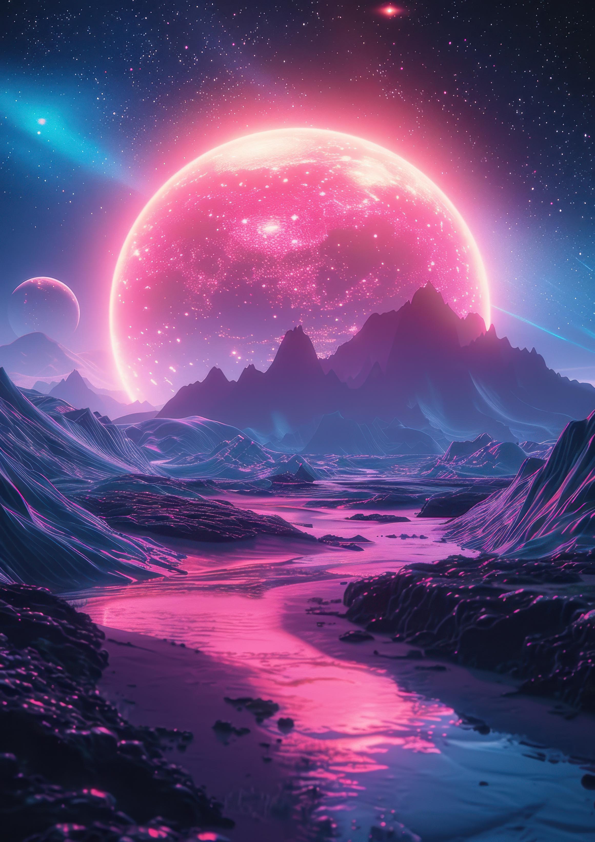 Preview for Cosmic-landscape-pink-planet-astrophotography-photo-background-9df1f
