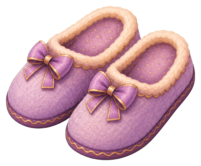 Pair of pink cozy slippers with bow accents on each shoe