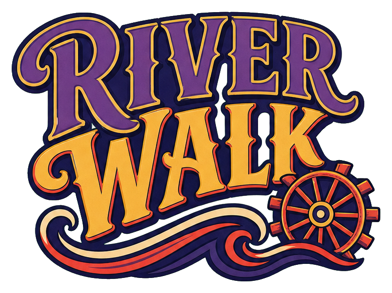 Retro River Walk text sticker with a paddlewheel and flowing decorative lines.