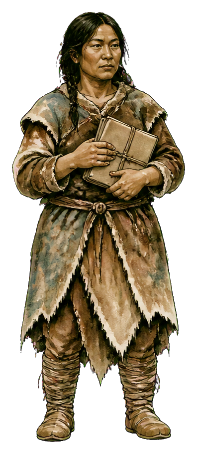 Illustrated prehistoric human holding folded items and wearing a fur-like robe.