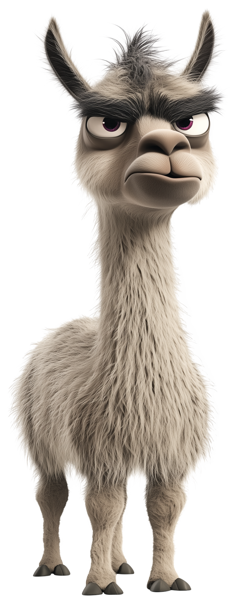 A fluffy cartoon llama with a serious expression and tall ears.