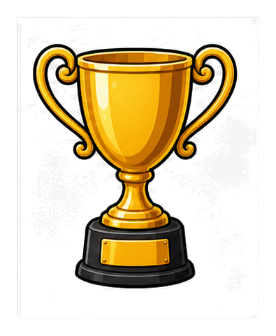 Gold trophy cup with two handles and a dark base on a transparent background.