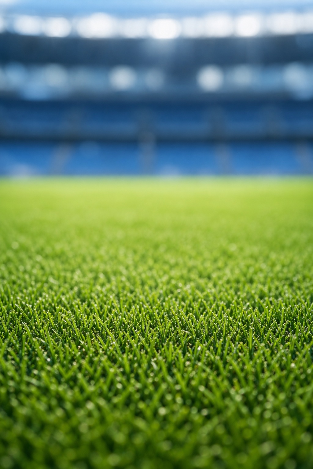 Close-up green soccer turf with blurred stadium seating and lights in the background