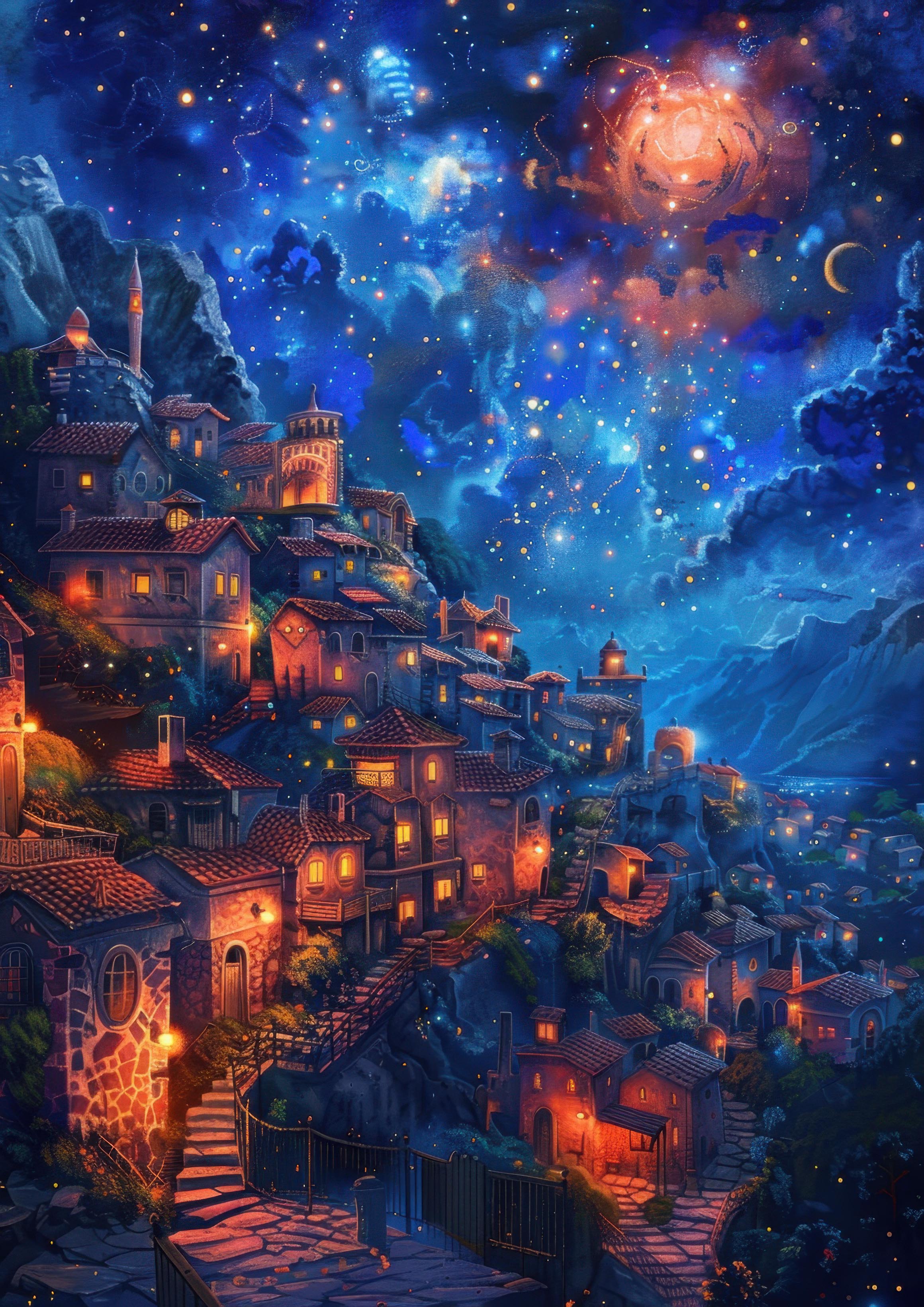 Preview for Mystical-village-under-starry-sky-astrophotography-photo-backgro-7e736