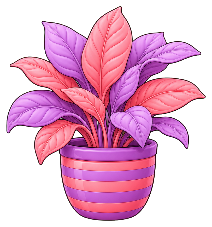 Small potted plant with pink and purple leaves in a striped pot
