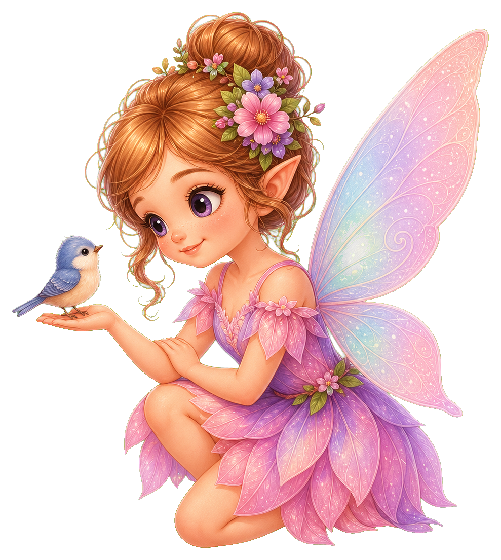 A pink fairy sitting beside a tiny bird with sparkling wings and flowers in her hair.