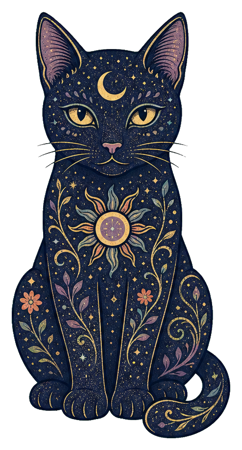 A dark celestial cat with stars, moon, and floral cosmic patterns