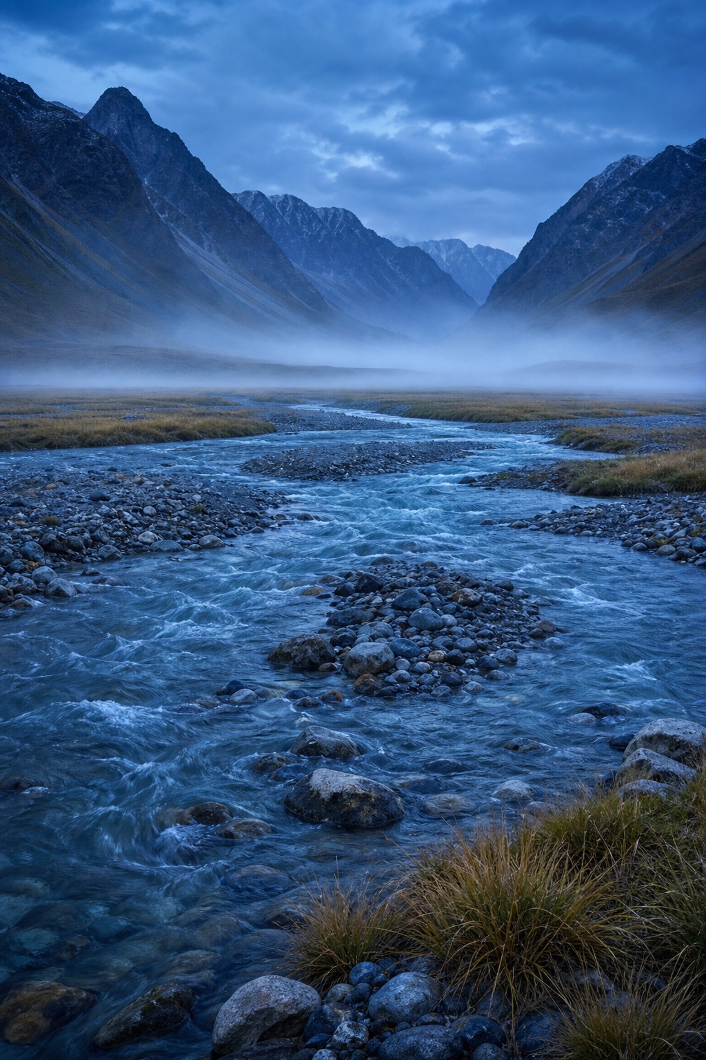 Misty blue hour river winding through a rocky glacial valley between dark mountains.