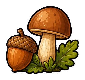 Brown acorn beside a brown mushroom with green leaves on a transparent background