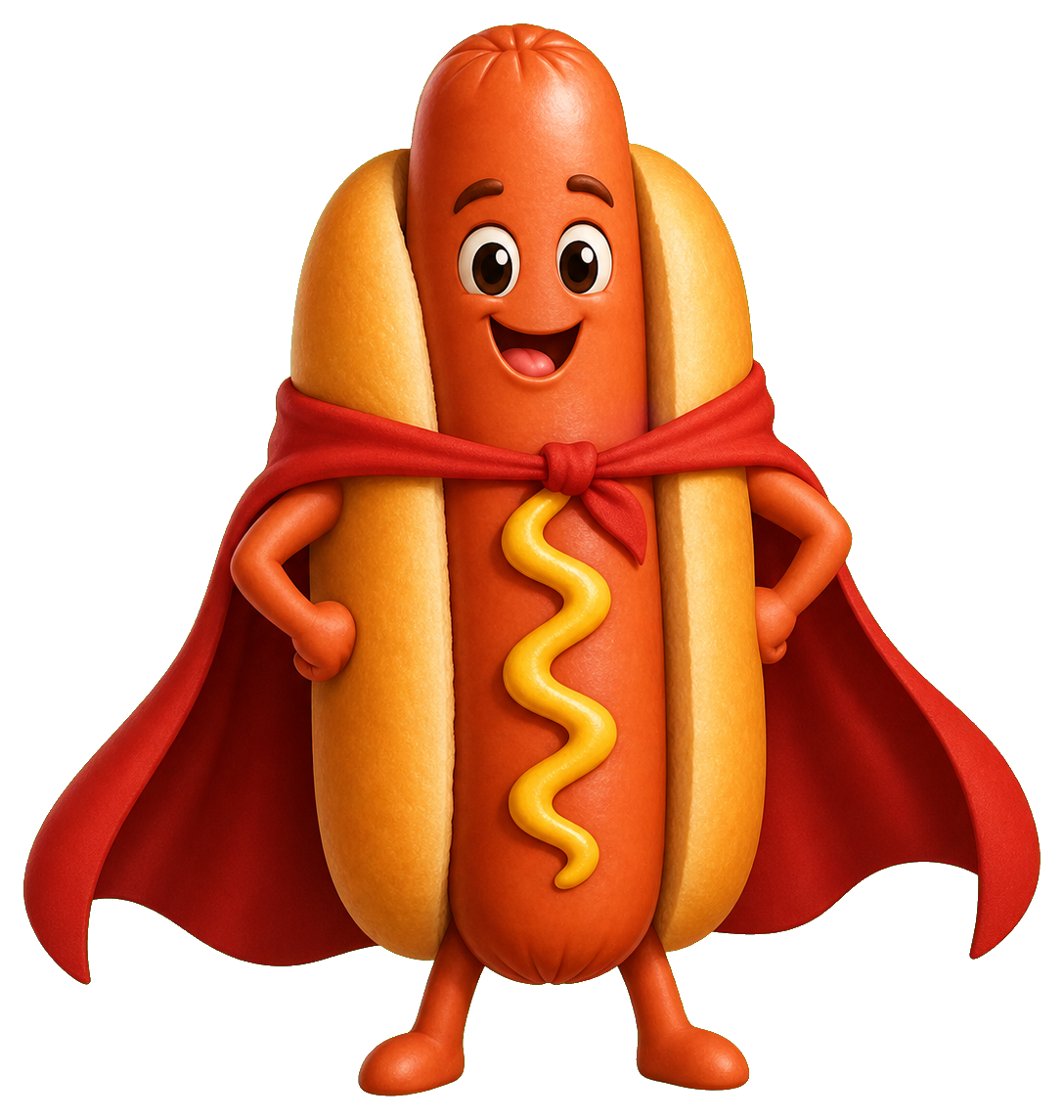 Smiling hot dog character wearing a red superhero cape.