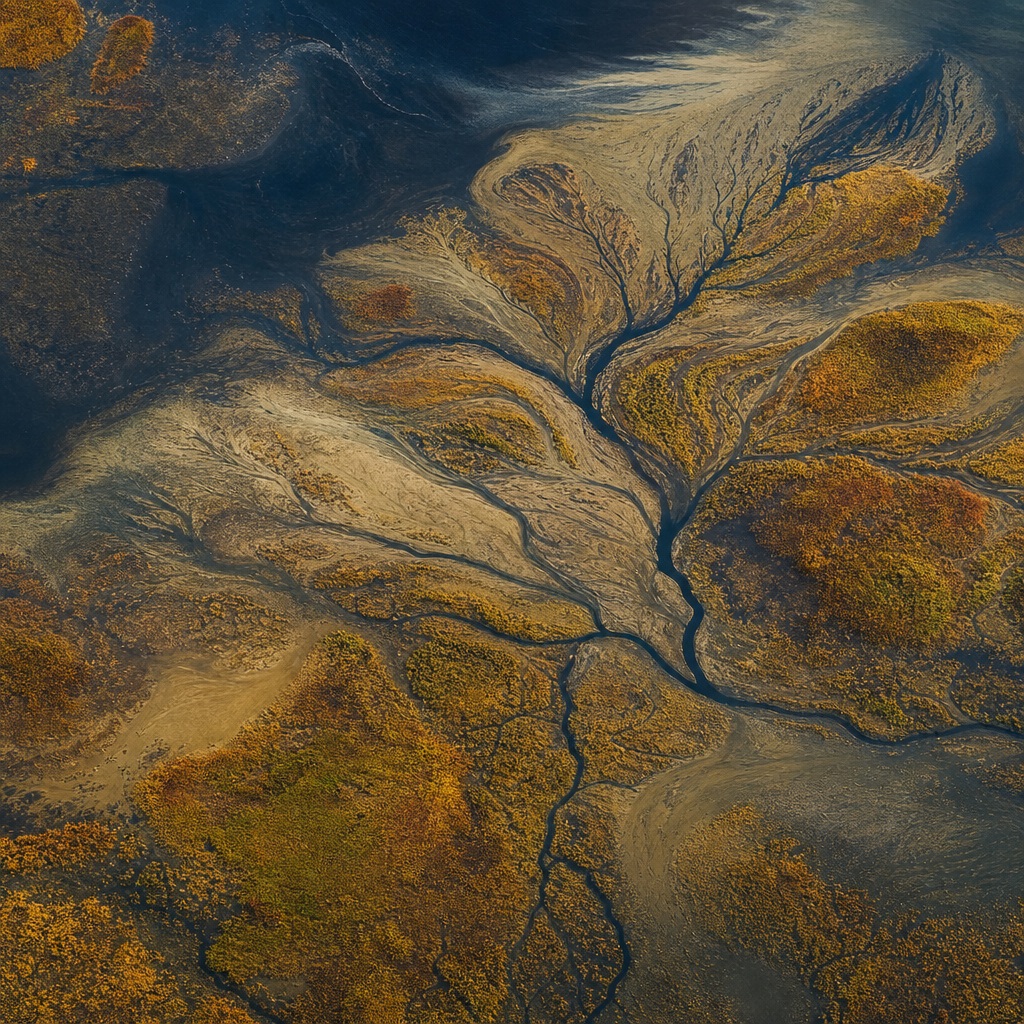 Aerial view of a river delta with branching water channels and autumn marsh colors.