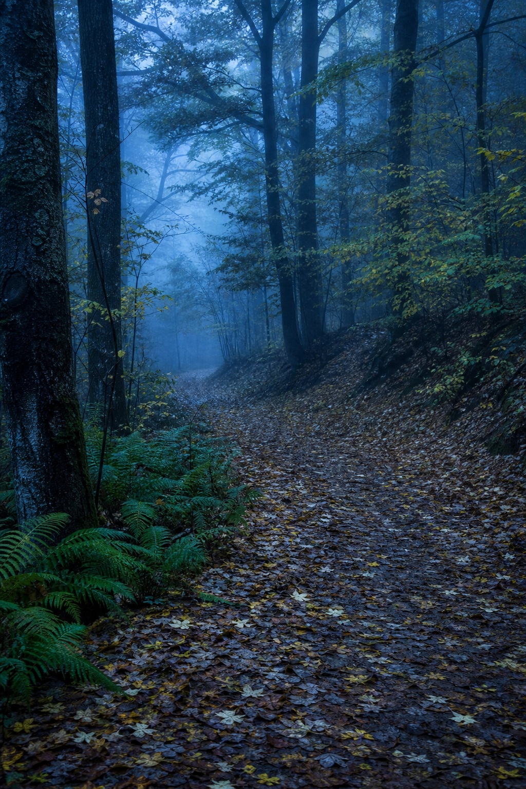 Misty forest path covered with leaves beside tall trees in blue dawn light