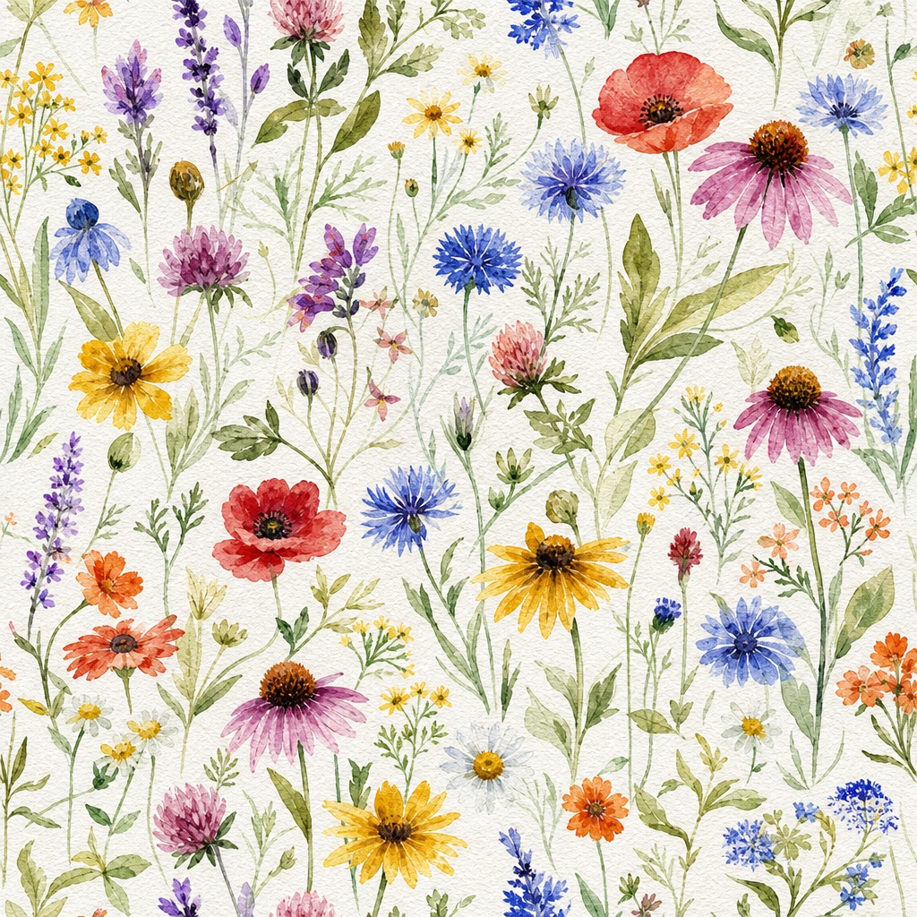 Square watercolor wildflowers and colorful blossoms scattered over a paper texture.