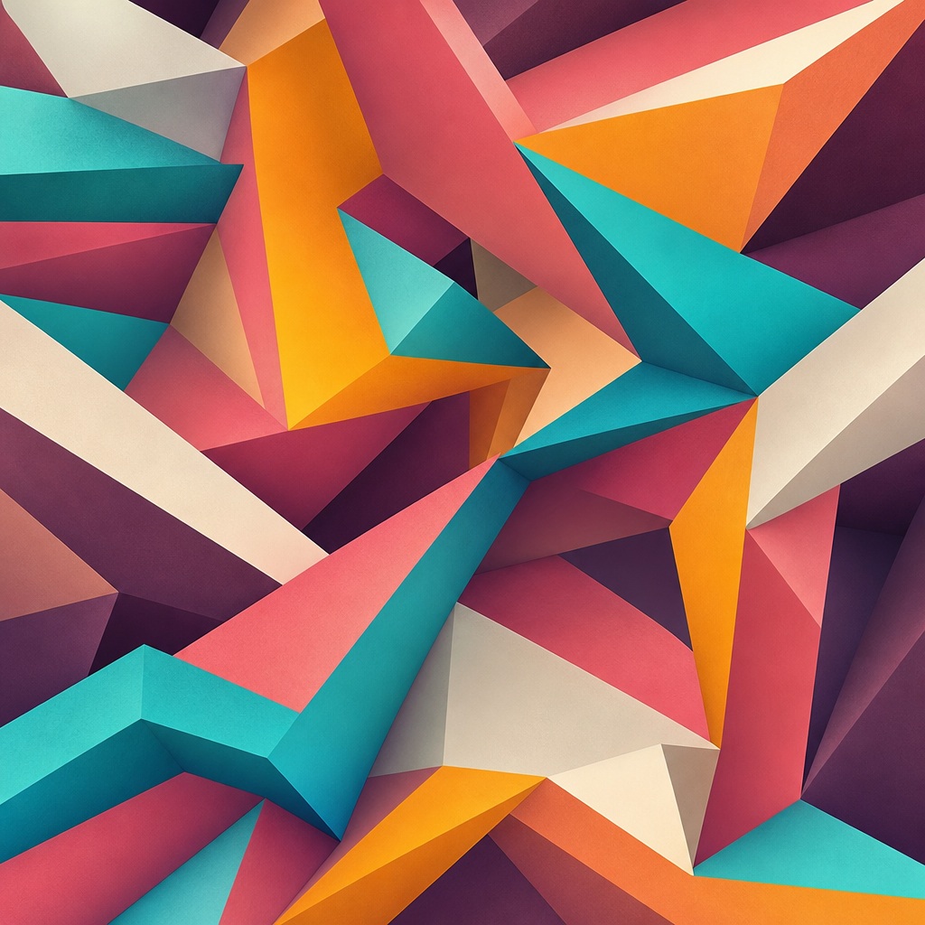 Abstract 3D geometric shapes in turquoise, marigold, rose, and cream with twisting polygon forms