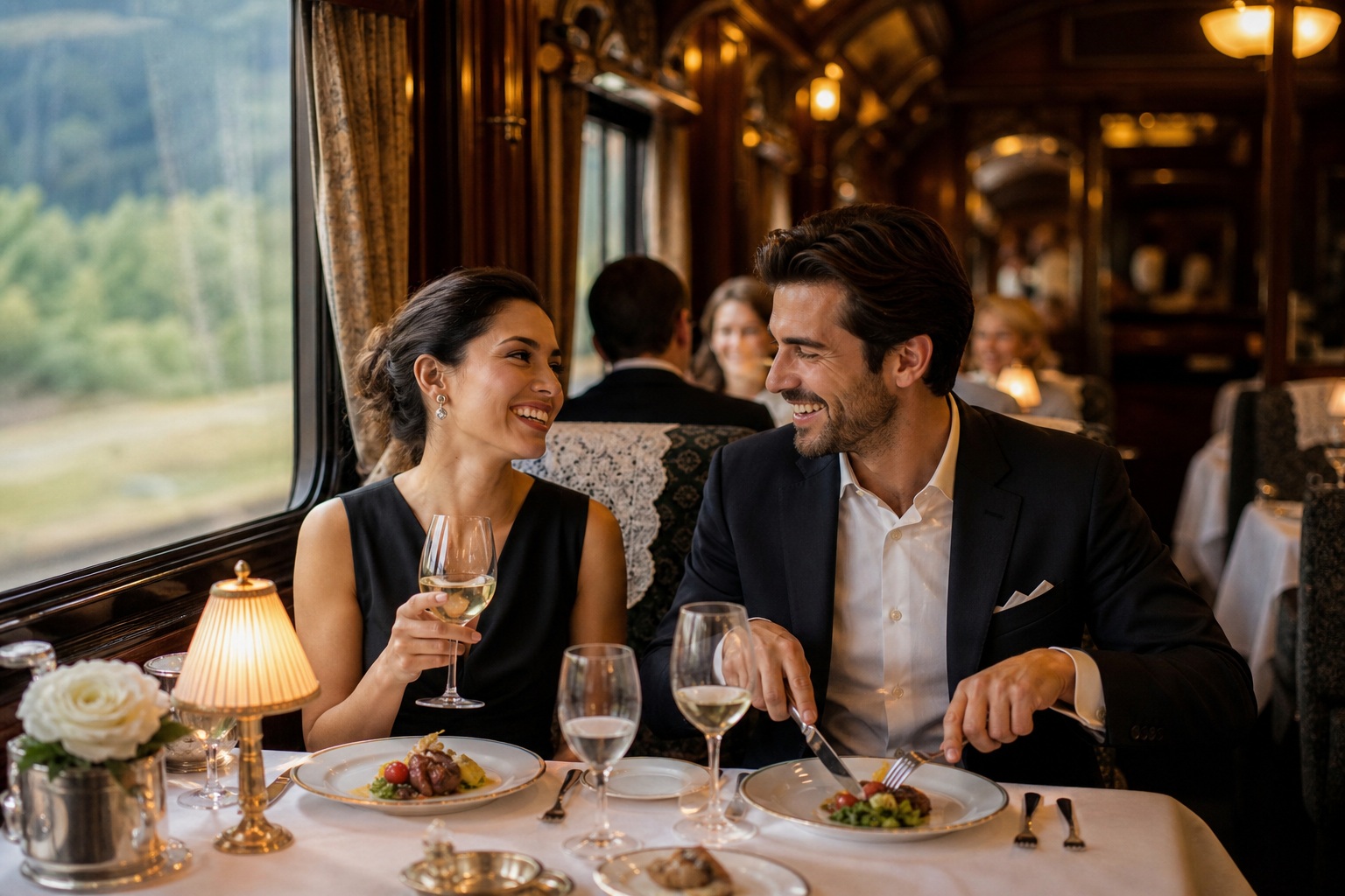 Smiling couple dining together in a luxury train dining car with wine glasses and candlelight.
