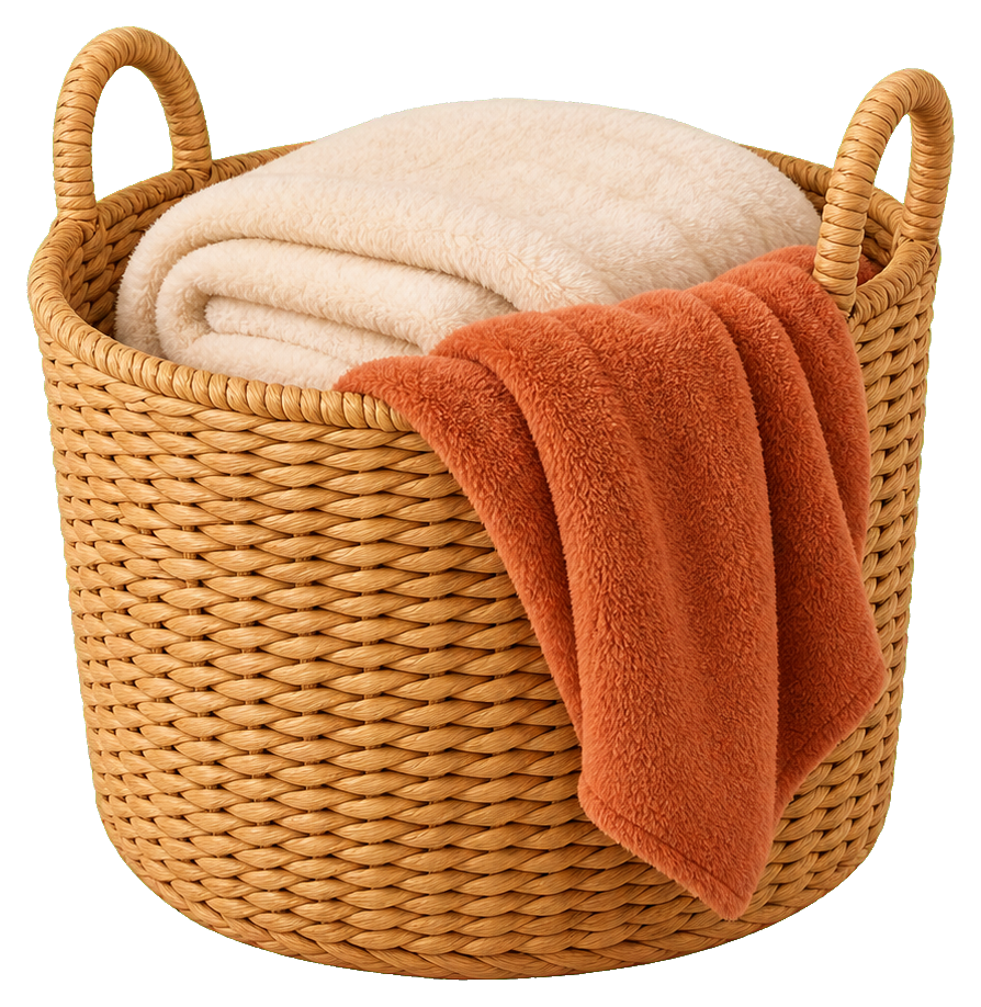 Woven basket filled with folded blankets and a draped orange throw
