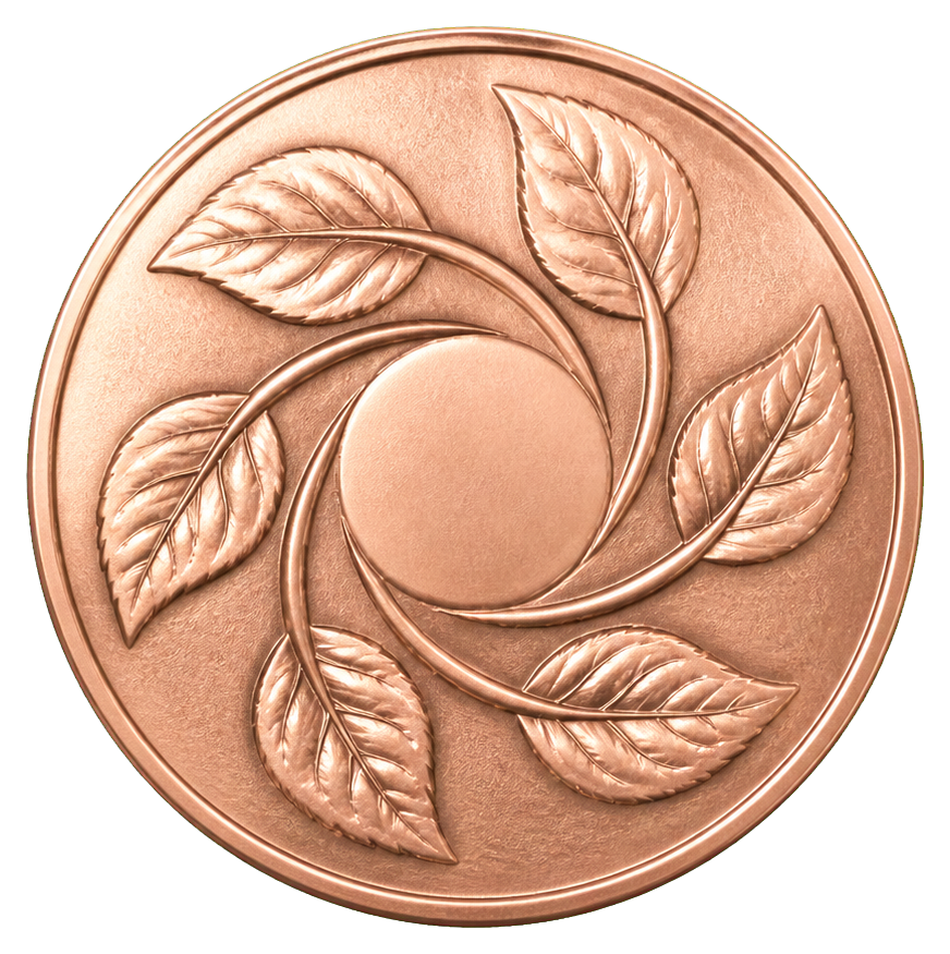 Rose gold coin with spiral center and raised leaf design around the edge