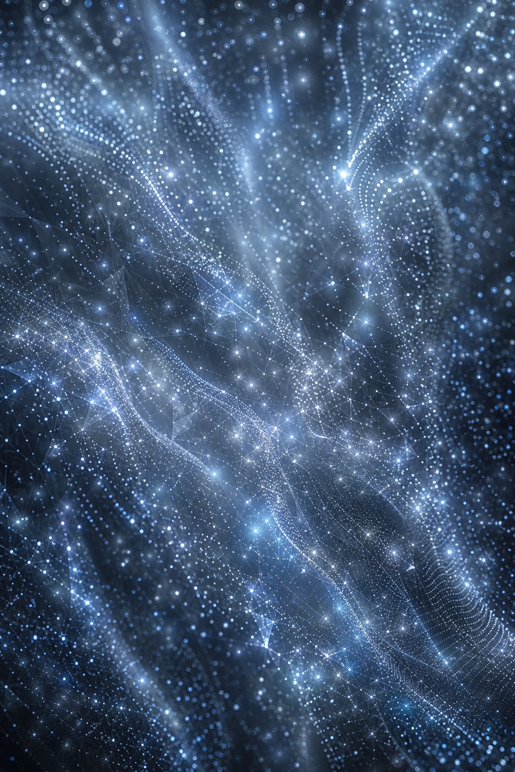 Silver blue glowing points and flowing lines forming a futuristic abstract network background.