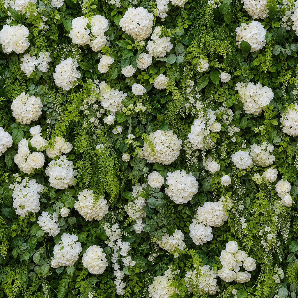 Square greenery background with white flowers and eucalyptus leaves