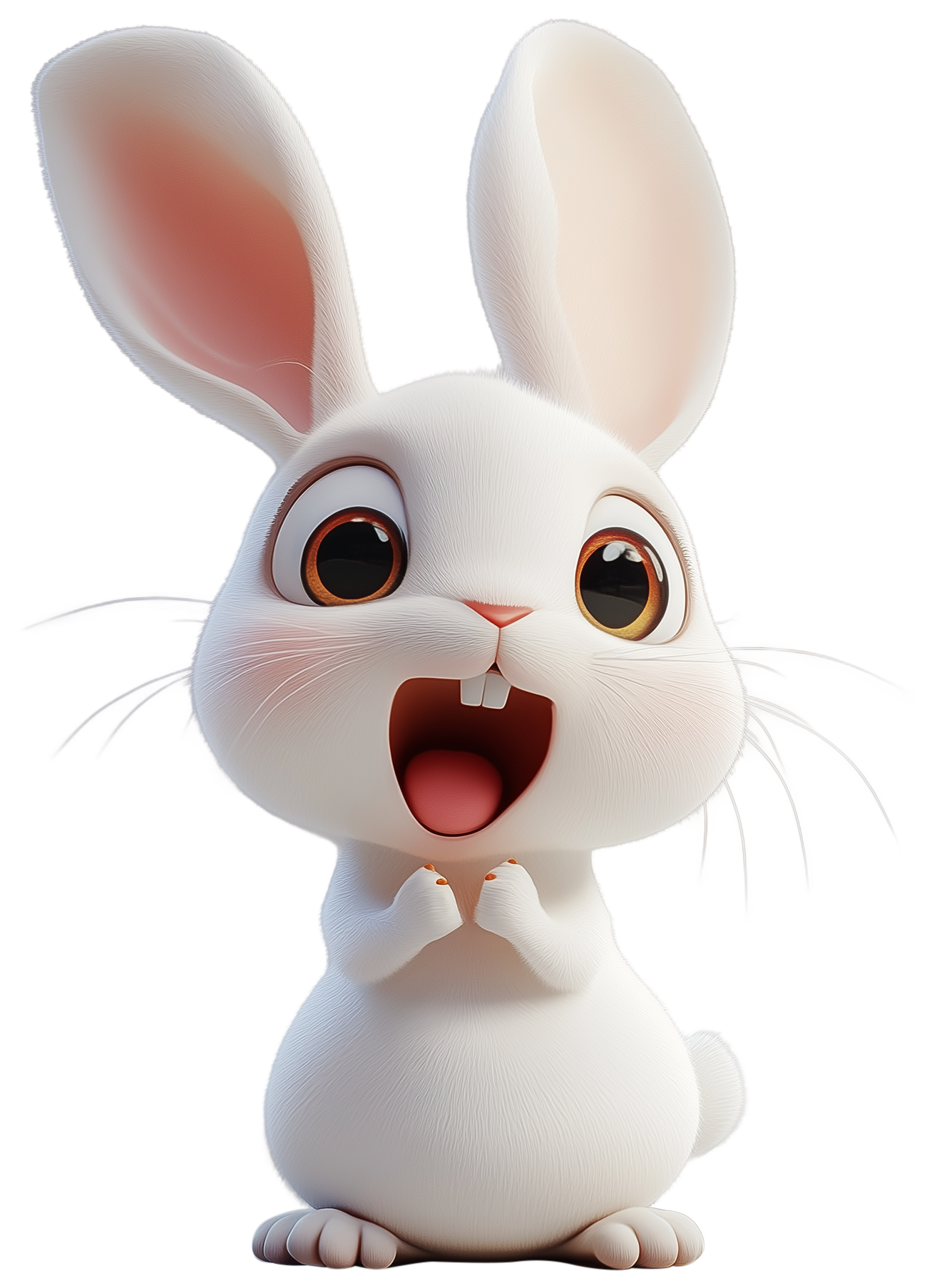 Cute white 3D rabbit emoji sticker with upright ears and open mouth
