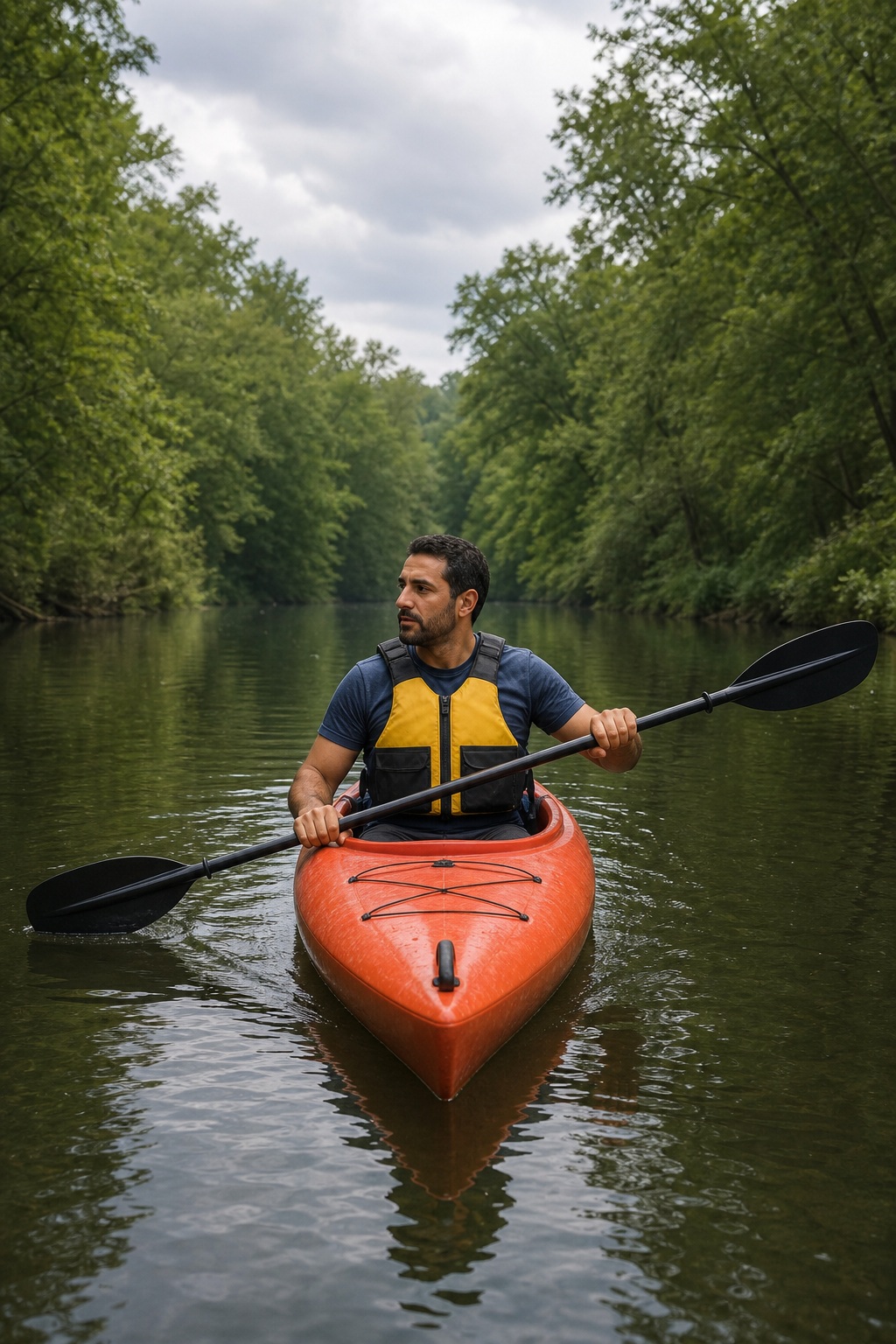 A man paddling an orange kayak on a calm river lined with green trees.