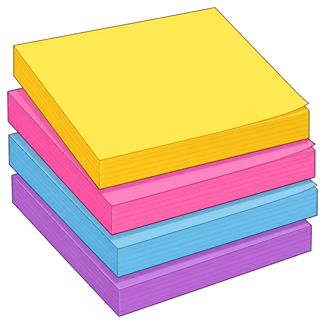 Stack of colorful blank sticky notes in yellow, pink, blue, and purple.