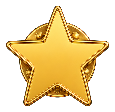Gold enamel-style star pin with a shiny outline and round backing