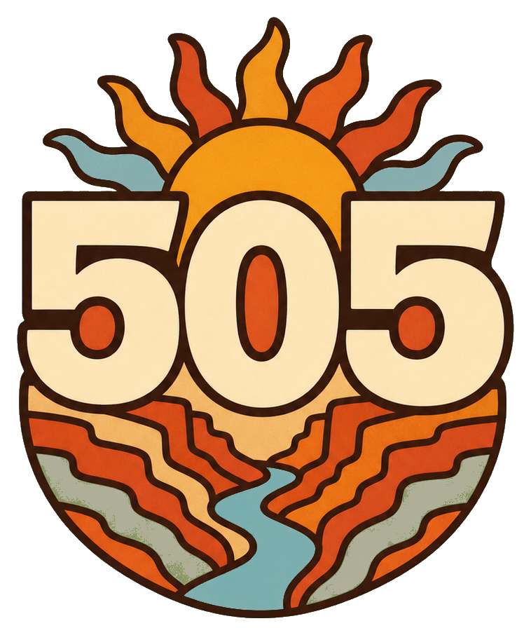 Retro circular sticker with 505 text, sun rays, and layered canyon shapes.
